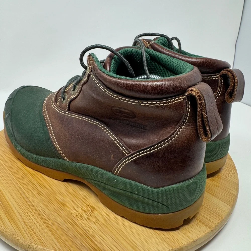 John Deere Mens Leather Duck Boots Green Brown‎ Lace Up Ankle JD3413 Size 10M